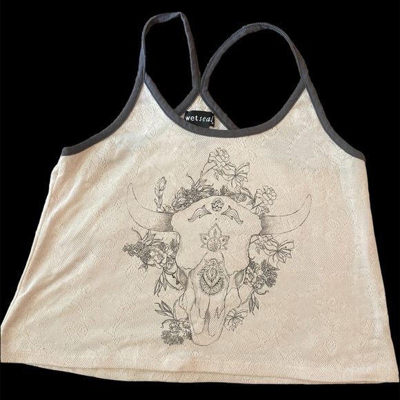Wet Seal Bull Head Skull Patterned Crop Too Lace Knit Razor Cami Back - Picture 6 of 7